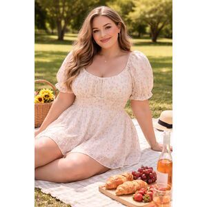 Arula Women Size 2X Pink Floral Puff Sleeve Mini Babydoll Romper Dress Cottage